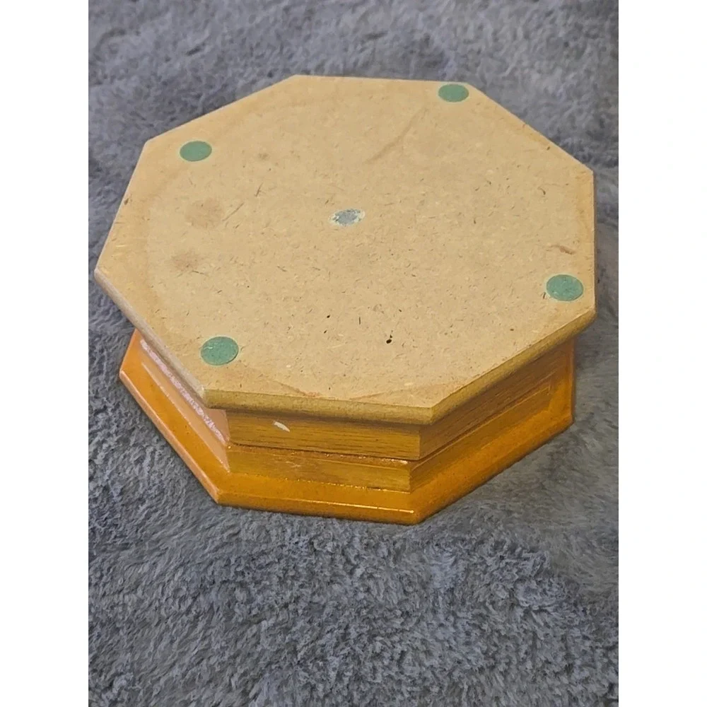 VTG Wooden Octagon Jewelry Box Floral Etched Glass Lid Mirror Inset Small‎ 70s
